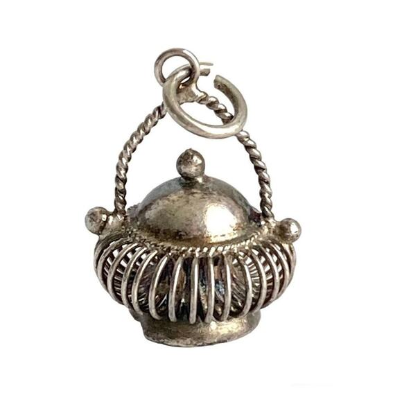 Vintage Jewelry - Vintage Sterling Silver Basket Charm For Bracelet Filigree Wire Vessel Pot 40s